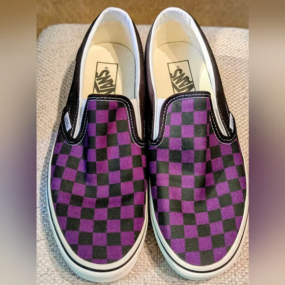 Vans Purple and Black Checkered Slip-On Shoes - Picture 1 of 6
